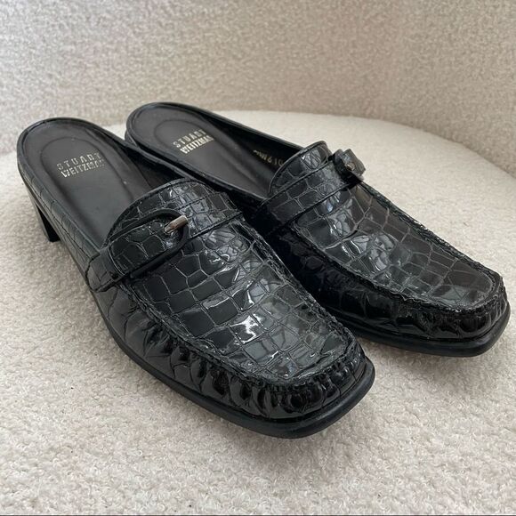 Stuart Weitzman Black Crocodile Patent Leather Block Heel Mules Shoes 8 Narrow - Picture 2 of 11